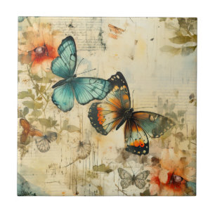 Azulejo Mariposa floral naranja azul verdoso antiguo