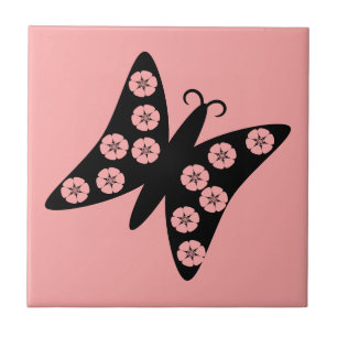 Azulejo Mariposa floral rosa y negra de bonito