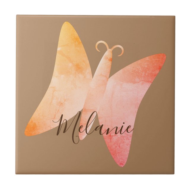 Azulejo Mariposa Melocotón Rosa Nombre Personalizado (Frente)