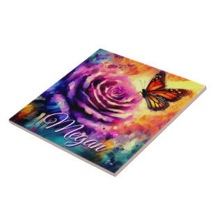 Azulejo Mariposa Monarca en Rosa al Atardecer Personalizad