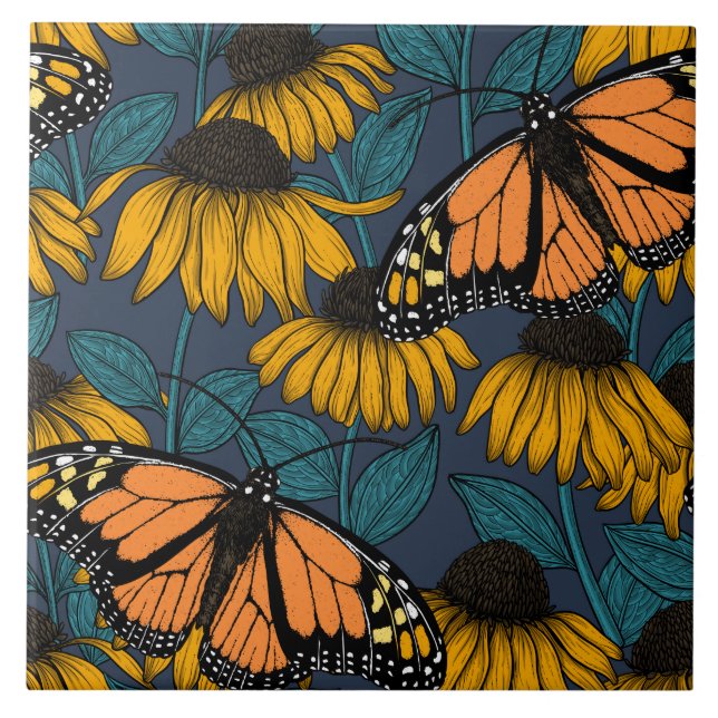 Azulejo Mariposa monarca sobre las colmenas amarillas (Frente)