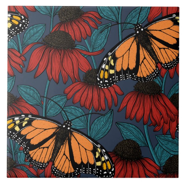Azulejo Mariposa monarca sobre las colmenas rojas (Frente)