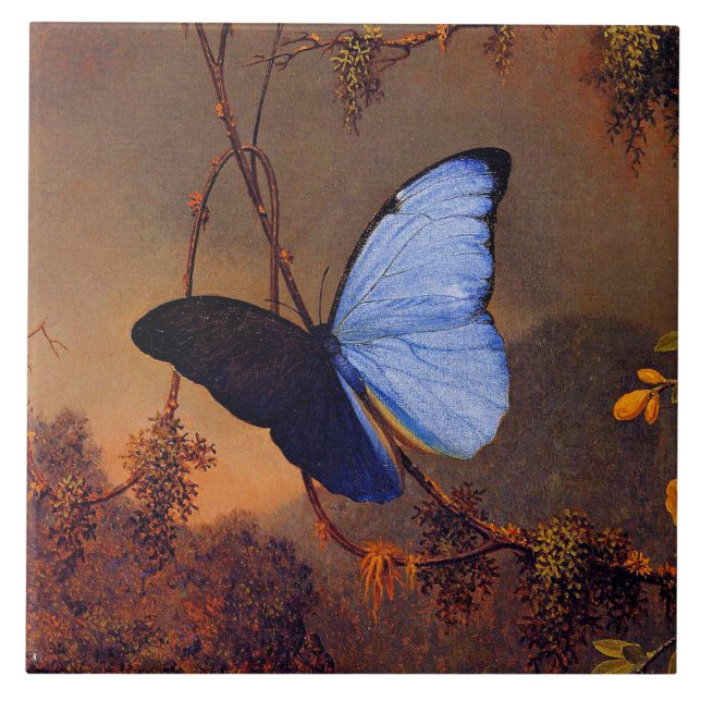 Azulejo Mariposa morfa azul, arte fino, (Frente)