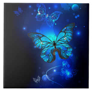 Azulejo Mariposa Morpho en fondo oscuro