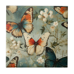 Azulejo Mariposa naranja azul verdoso antigua Flor blanca
