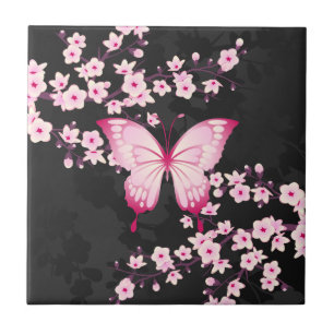 Azulejo Mariposa Negra Rosa Y Flor De Cerezo