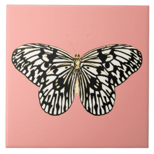 Azulejo Mariposa negra y blanca, fondo rosa coral