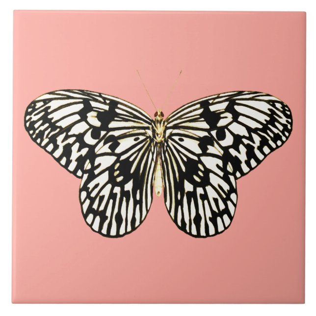 Azulejo Mariposa negra y blanca, fondo rosa coral (Frente)
