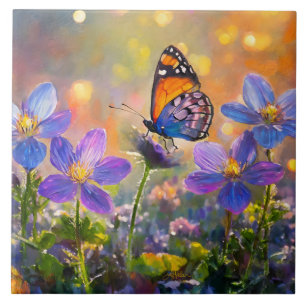 Azulejo Mariposa Pequeña Sobre Flores Silvestres al Amanec