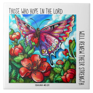 Azulejo Mariposa Pintada sobre Flores; versículo Isaías 40