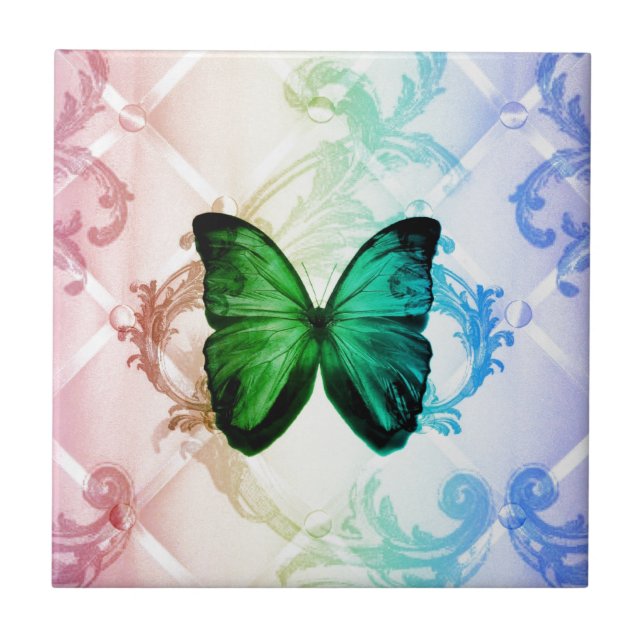 Azulejo Mariposa verde verde azulada del Hippie del boho (Frente)