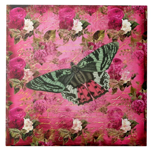 Azulejo Mariposa vintage con escritura roja blanca (Frente)