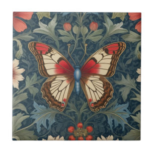 Azulejo Mariposa William Morris estilo Floral azul y rojo