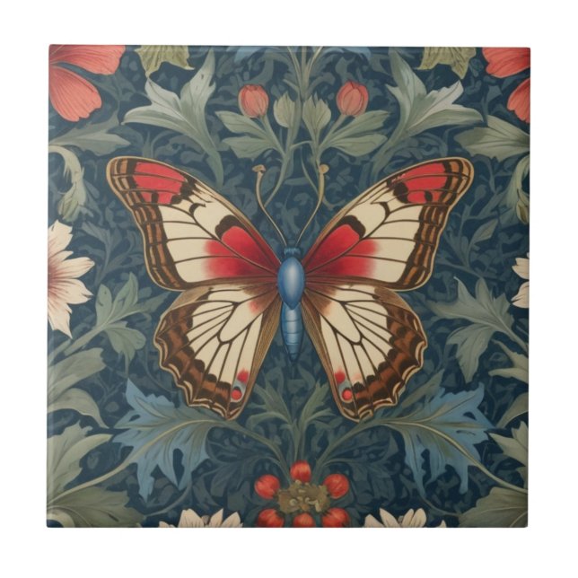 Azulejo Mariposa William Morris estilo Floral azul y rojo (Frente)