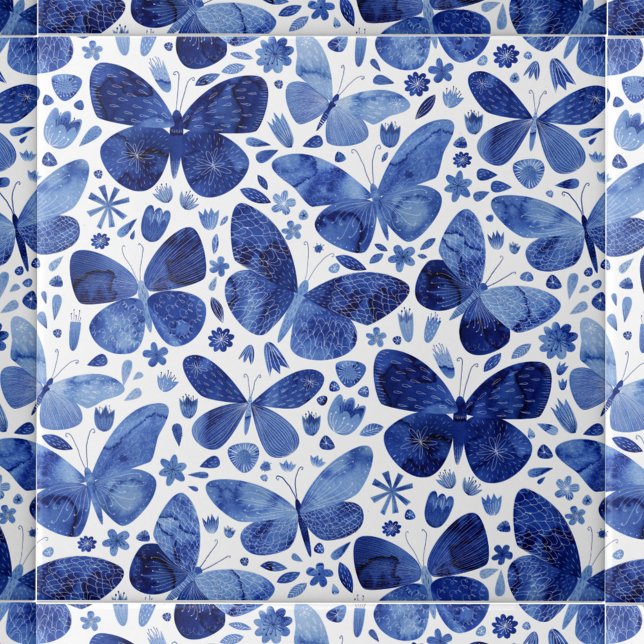 Azulejo Mariposas Acuarela Azul (Indigo blue and white watercolor butterfly pattern art ceramic tile)