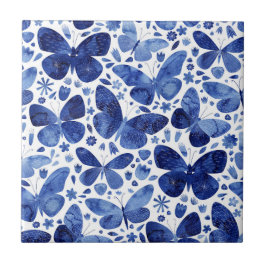 Azulejo Mariposas Acuarela Azul Cerámica Tile