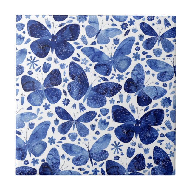 Azulejo Mariposas Acuarela Azul Cerámica Tile (Frente)