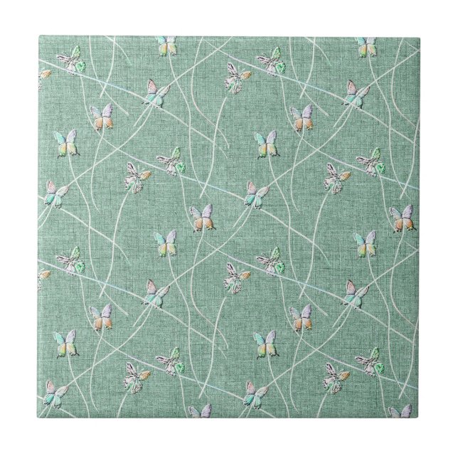 Azulejo Mariposas al acuarela sobre verde menta (Frente)