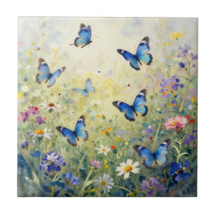 Azulejo Mariposas Azules Acuarela Prado de Flores Silvestr