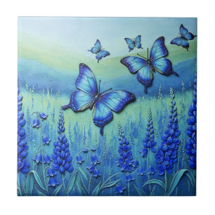 Azulejo Mariposas Azules con Flores Azules,