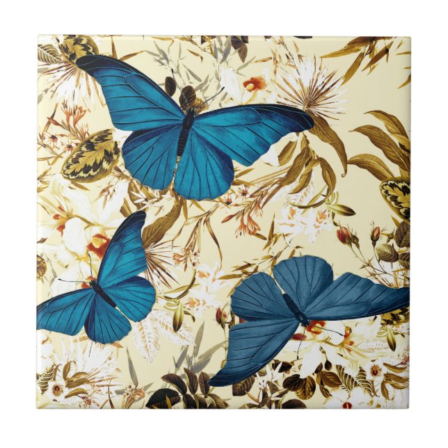 Azulejo Mariposas azules en estampado de flores de la (Frente)