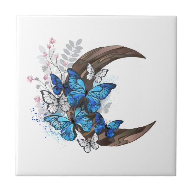 Azulejo Mariposas azules sobre la media luna de madera (Frente)