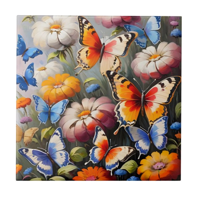 Azulejo Mariposas coloridas en el jardín (Frente)