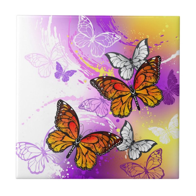 Azulejo Mariposas Monarca sobre Fondo Púrpura (Frente)