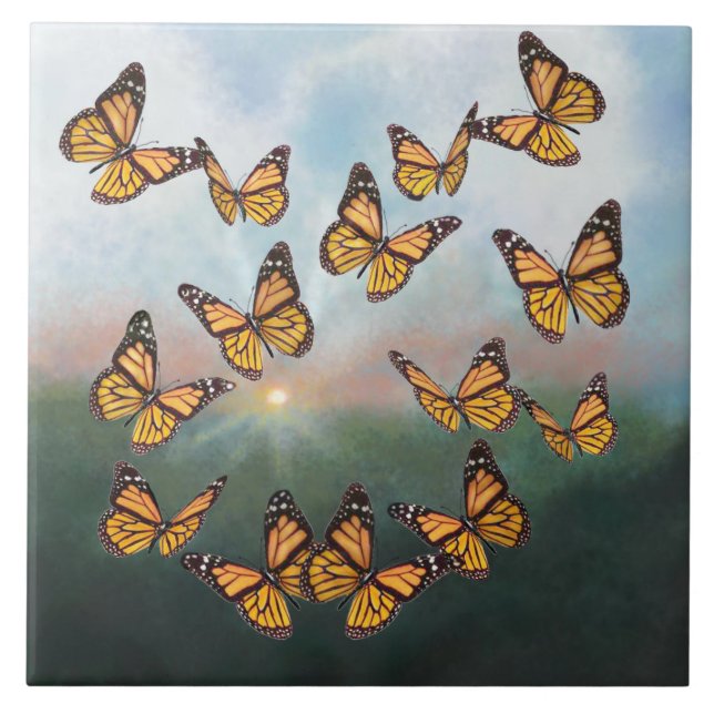 Azulejo Mariposas monarcas en el diseño del amanecer (Frente)