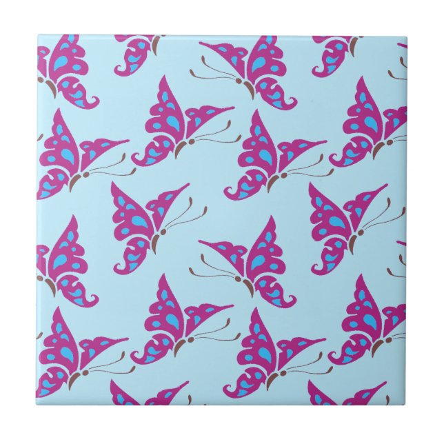 Azulejo Mariposas púrpura en impresión de azul claro y mar (Frente)