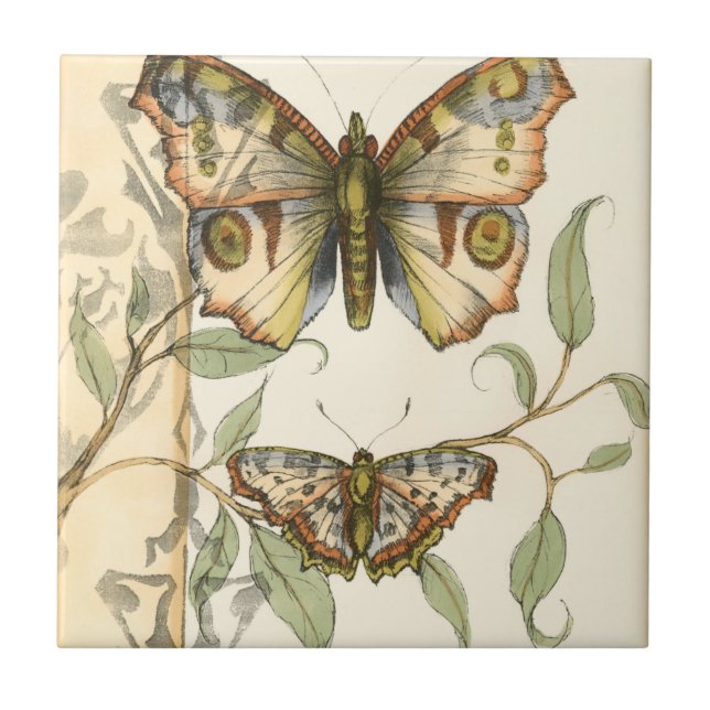 Azulejo Mariposas tándem sobre hojas verdes (Frente)
