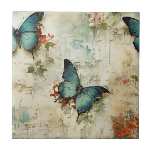 Azulejo Mariposas Turquesa Vintage Floral Rústico