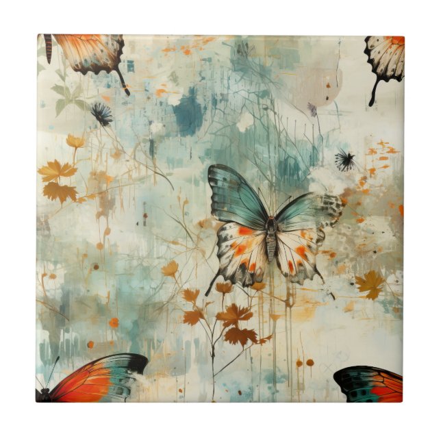 Azulejo Mariposas y flores de época coloridas (4) (Frente)