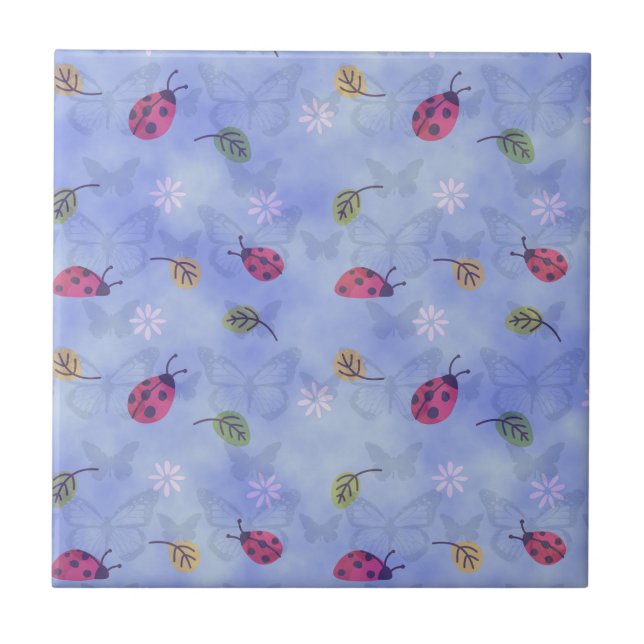 Azulejo Mariquitas y hojas caídas patrón azul (Frente)