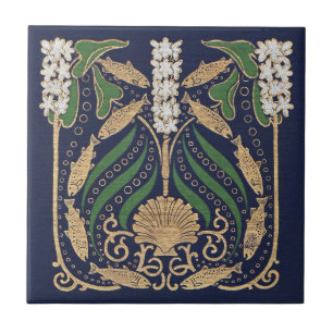 Azulejo Marisco Art Nouveau, conchas marinas, flores