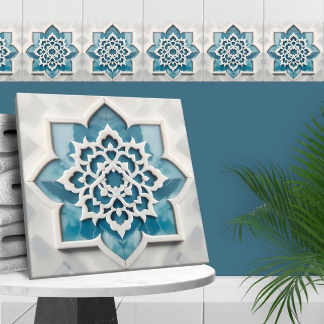 Azulejo Mármol azul y blanco de la hoja de cuatros marroqu (Subido por el creador)