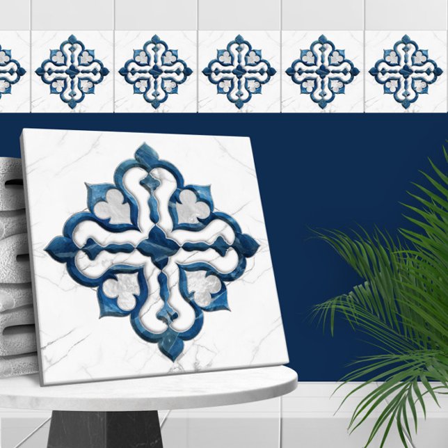 Azulejo Mármol azul y blanco de la hoja de cuatros marroqu (Subido por el creador)
