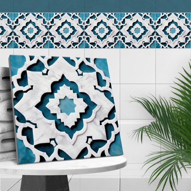 Azulejo Mármol azul y blanco de la hoja de cuatros marroqu (Subido por el creador)
