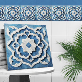 Azulejo Mármol azul y blanco de la hoja de cuatros marroqu