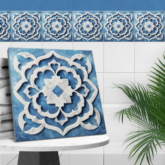 Azulejo Mármol azul y blanco de la hoja de cuatros marroqu (Subido por el creador)