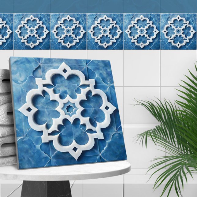 Azulejo Mármol azul y blanco de la hoja de cuatros marroqu (Subido por el creador)