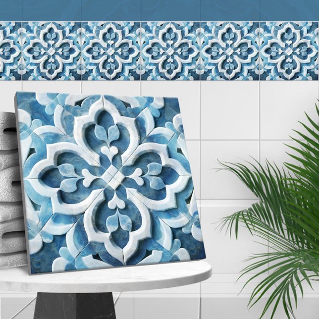Azulejo Mármol azul y blanco de la hoja de cuatros marroqu (Subido por el creador)