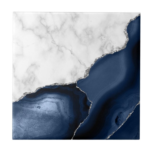 Azulejo Mármol Blanco Agata Azul Marino Brillo Plateado (Frente)