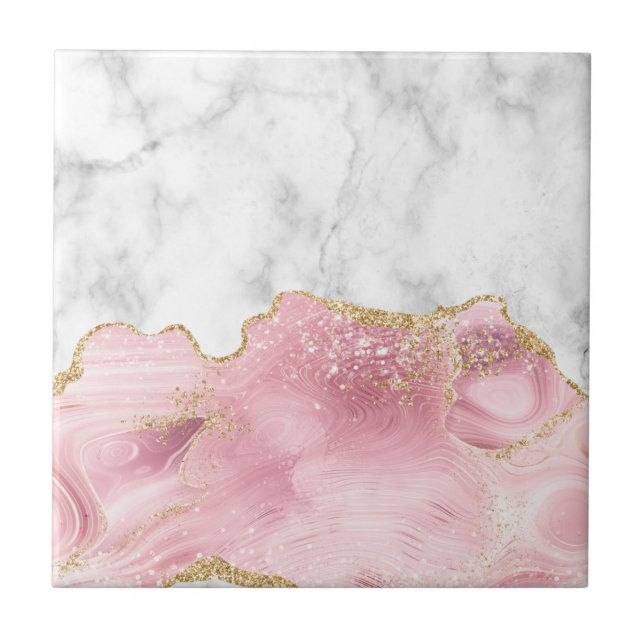 Azulejo Mármol Blanco Agata Rosa Pastel Brillo Dorado  (Frente)