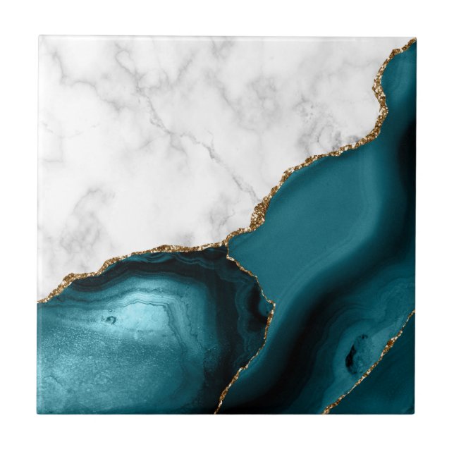 Azulejo Mármol Blanco Agata Teal Dorado (Frente)