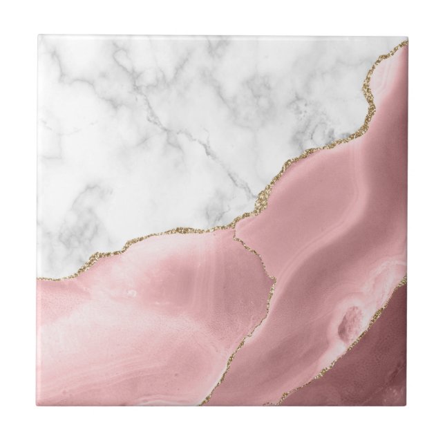 Azulejo Mármol blanco con ágata rosa y brillo dorado (Frente)