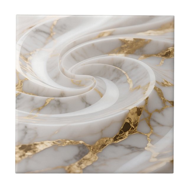 Azulejo Mármol Blanco con Patrón de Remolino Dorado (Frente)