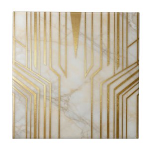 Azulejo Mármol Blanco de Lujo Patrón Geométrico Dorado