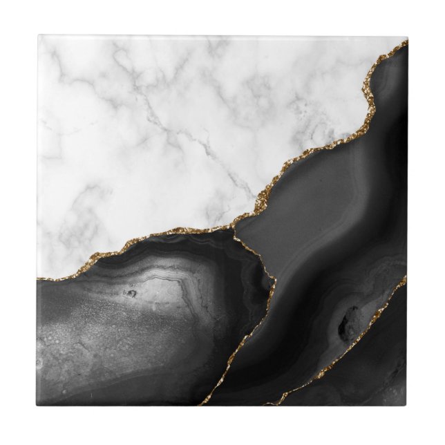 Azulejo Mármol blanco Purpurina de oro negro agate (Frente)