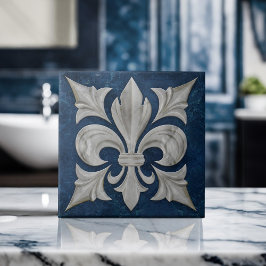 Azulejo Mármol blanco y azul de Fleur-De-Lis